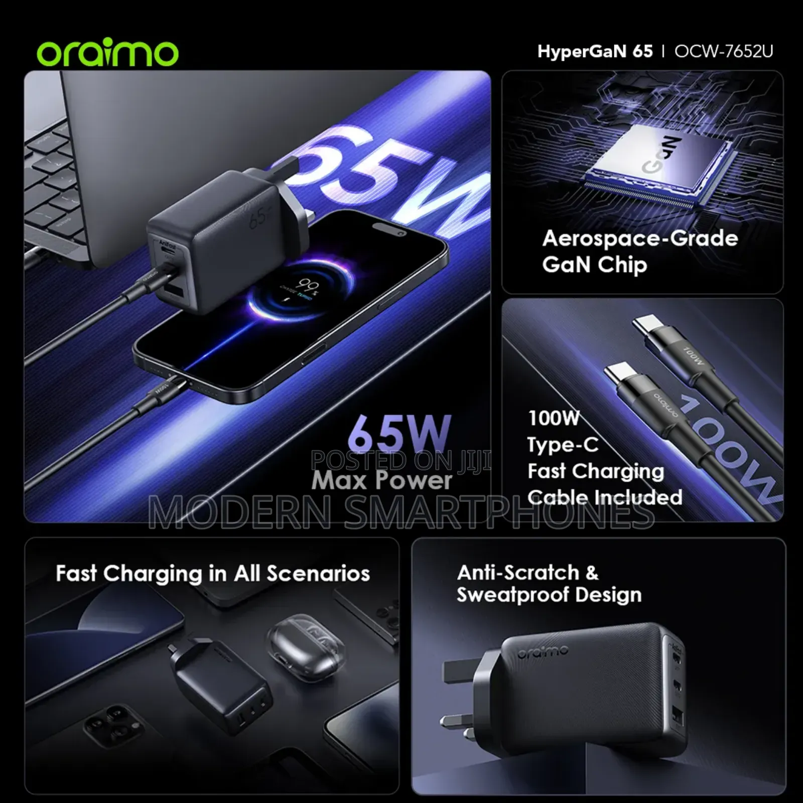 Oraimo Hypergan 65 65w Gan Wall Charger Kit With 100w