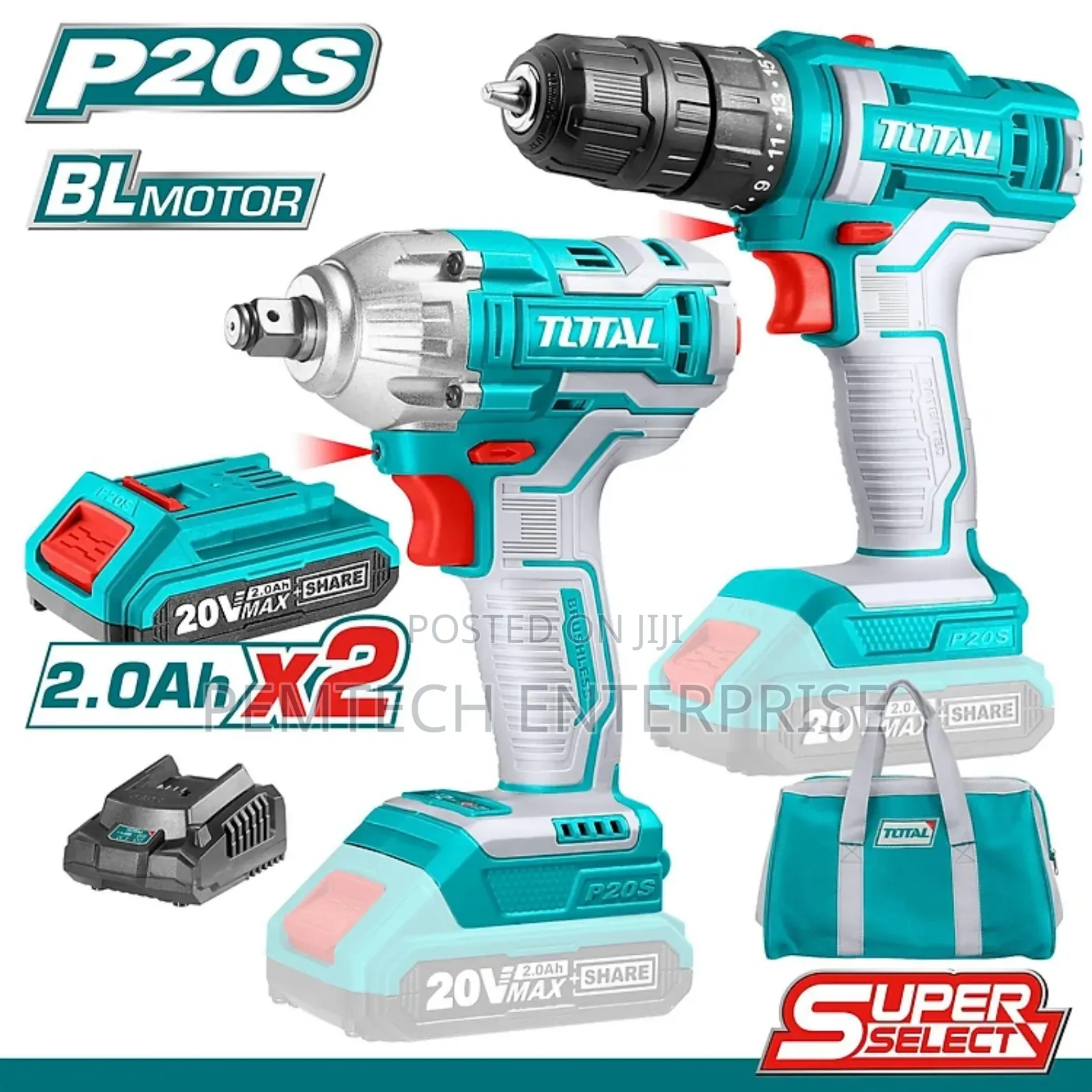 Combo Set of Hammer Drill and Wrench 20v (2 Batteries