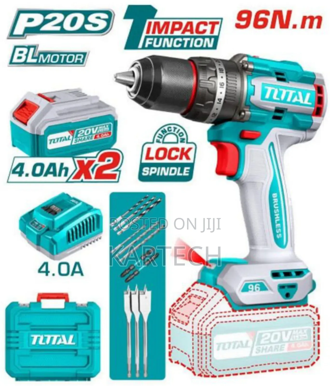 Total 20v 96nm 4.0ah Tidli20968 Brushless Mpact Drill Set