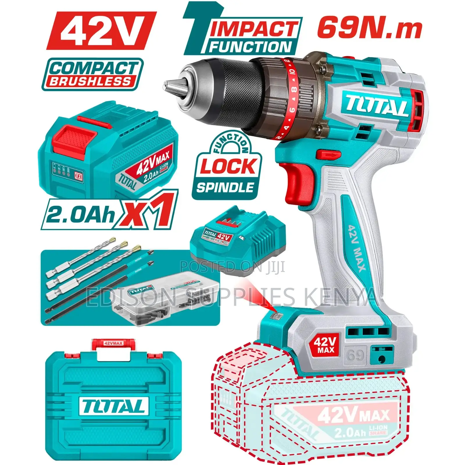 42v Cordless Drill Total Impact Drill 69n.M 2.0ah Battery