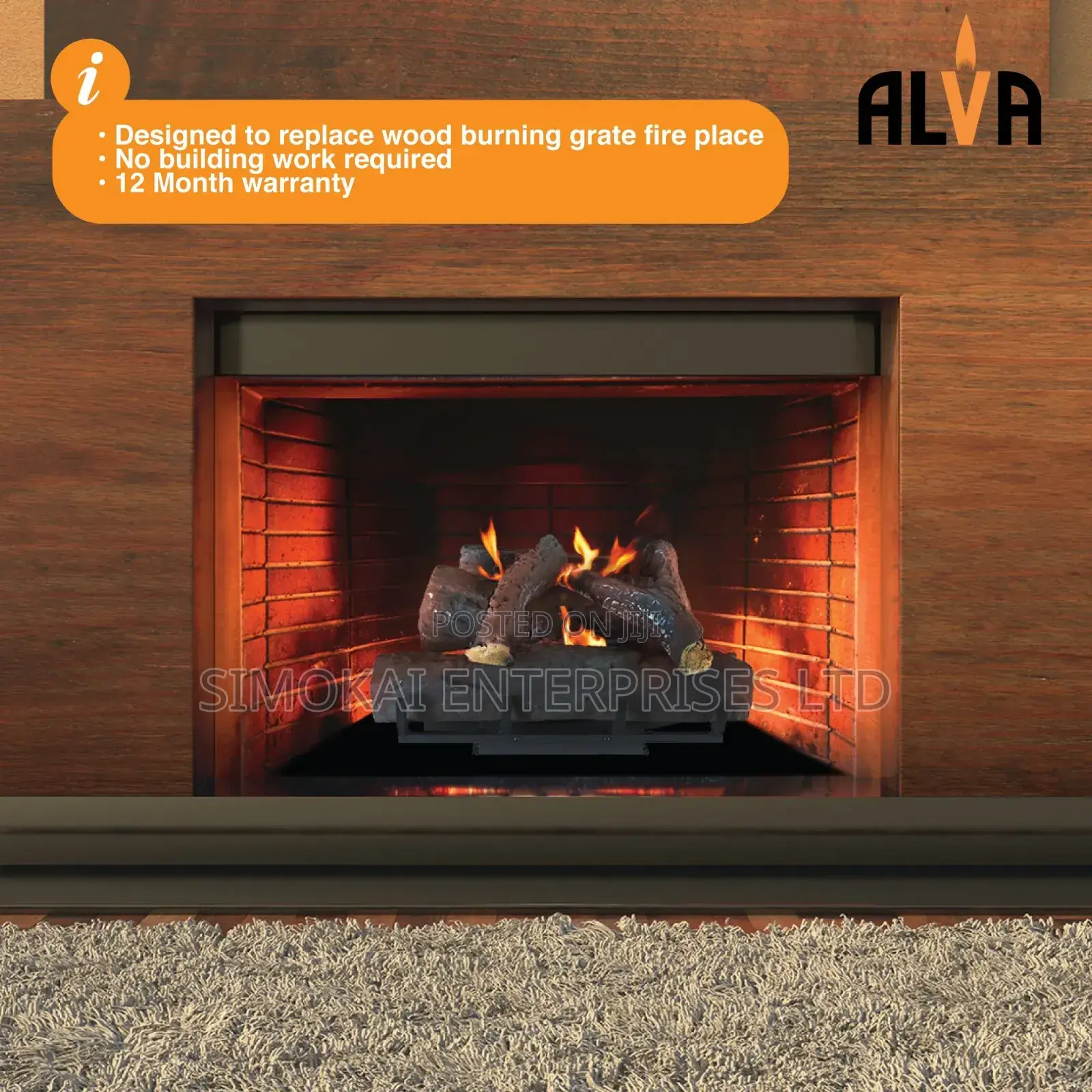 Alva Log Fireplace Gas Heater 520mm Wide