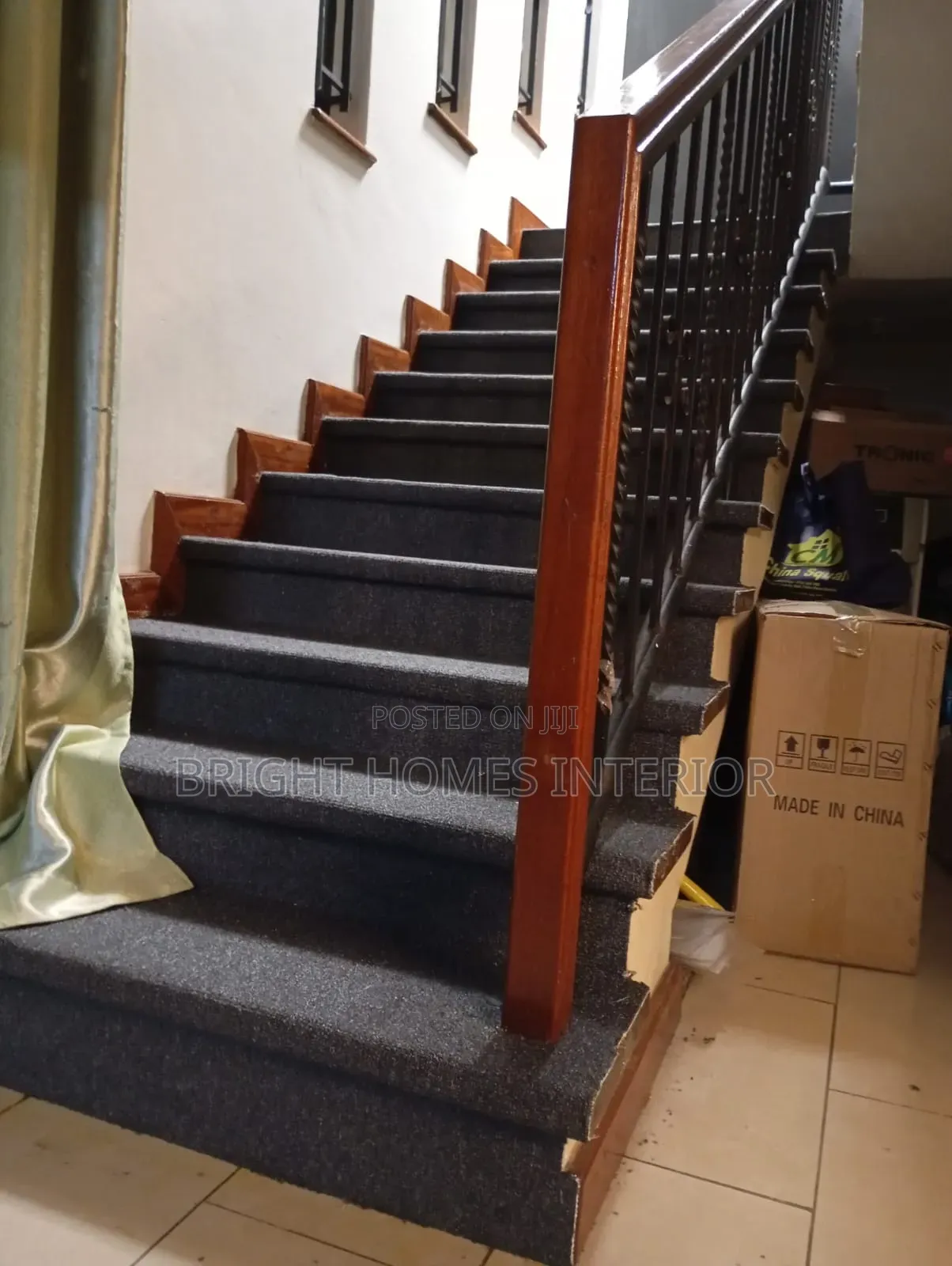 Dark Grey Carpet Installed in Stair Case
