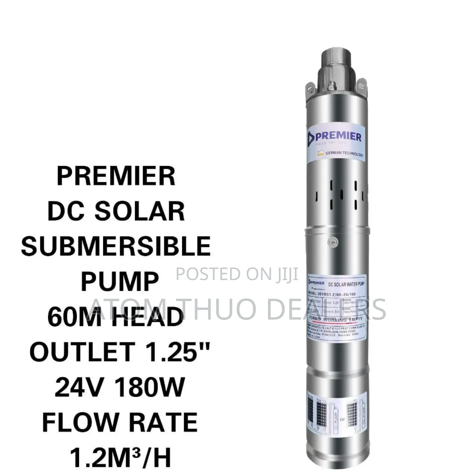 Premier Dc Solar Submersible Pump 60m Head Outlet 1.25"