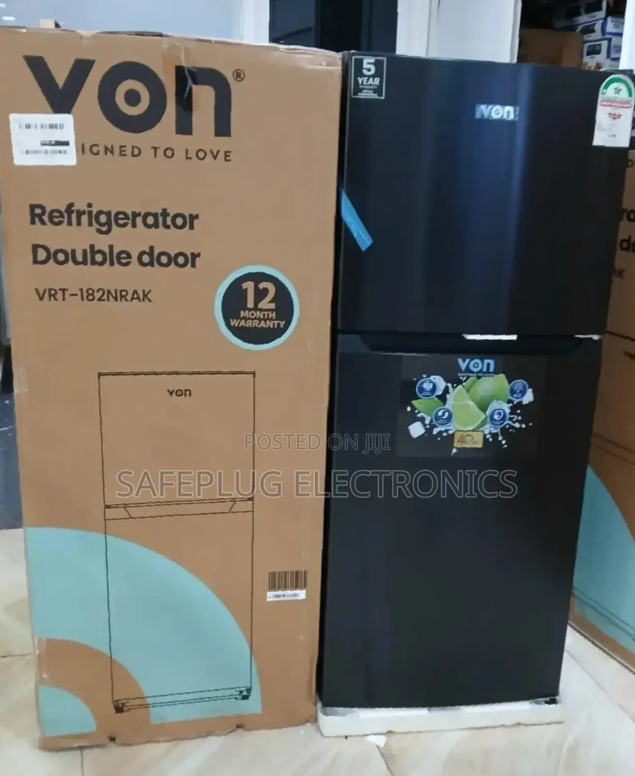 Von 181 Litres, No-Frost Fridge - Top Freezer Double Door (Black)