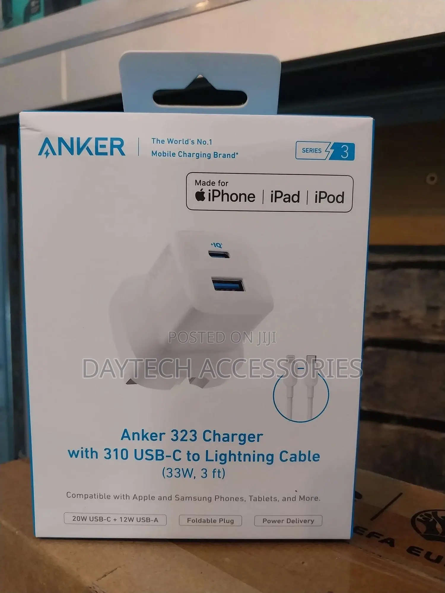 Anker 323 Charger With a 310 Usb-C to Lightning Cable.
