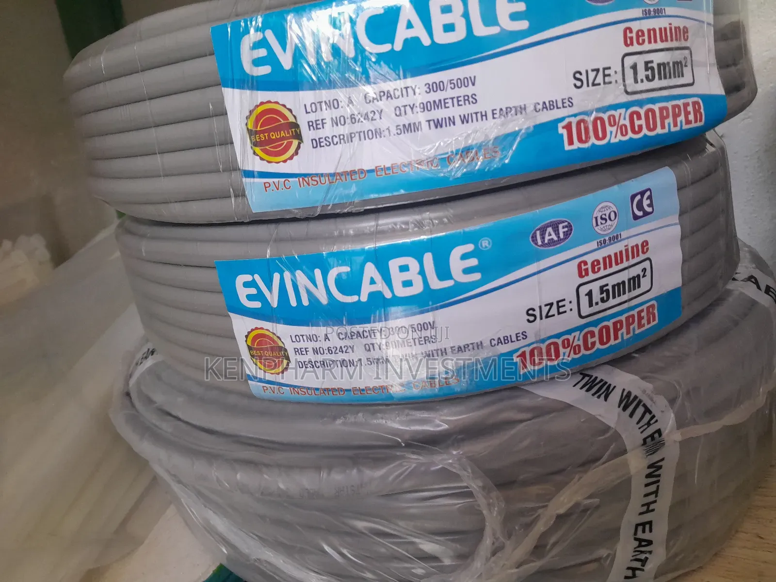 1.5mm Twin With Earth Copper Cable, Evincable, 90 Meters:Evc9201