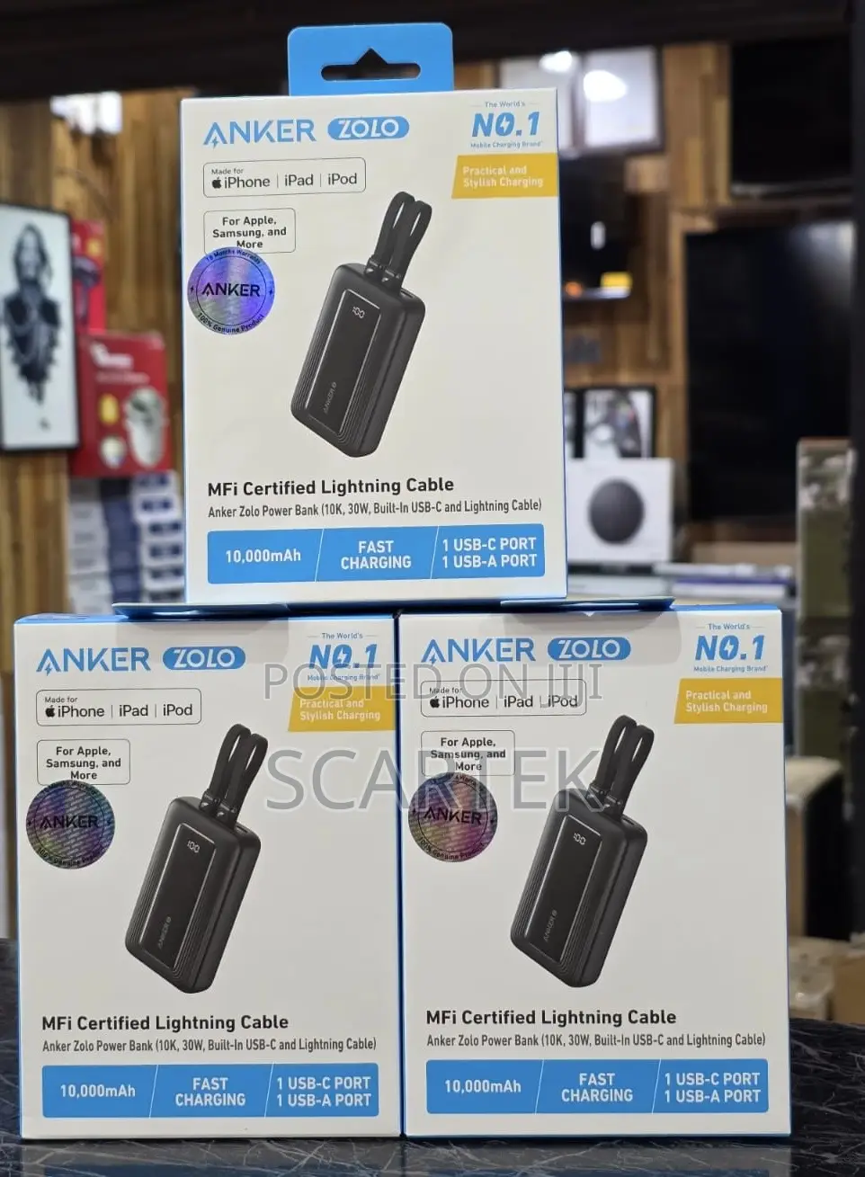 Anker Zolo Power Bank 10k 30w Built In Usb And Lightning Cable