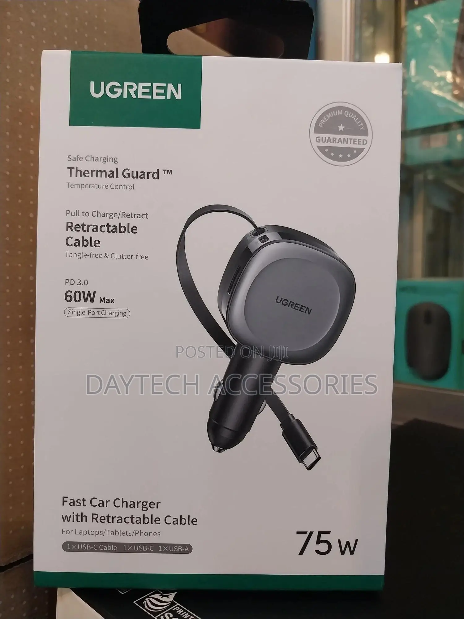 Ugreen 75w Fast Car Charger With a Retractable Cable.