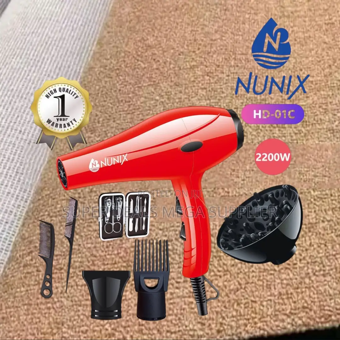 Red Blow Dryer by Nunix Hd-01c for All Hair Types With Accessories