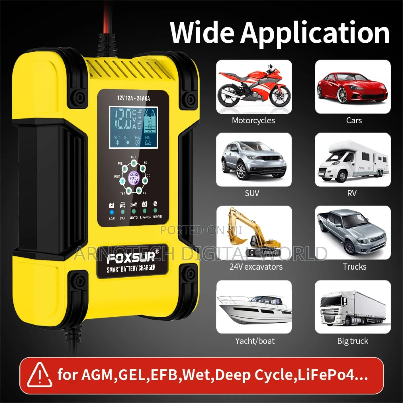 Foxsur 12v/24v LCD Pulse Repair Battery Charger