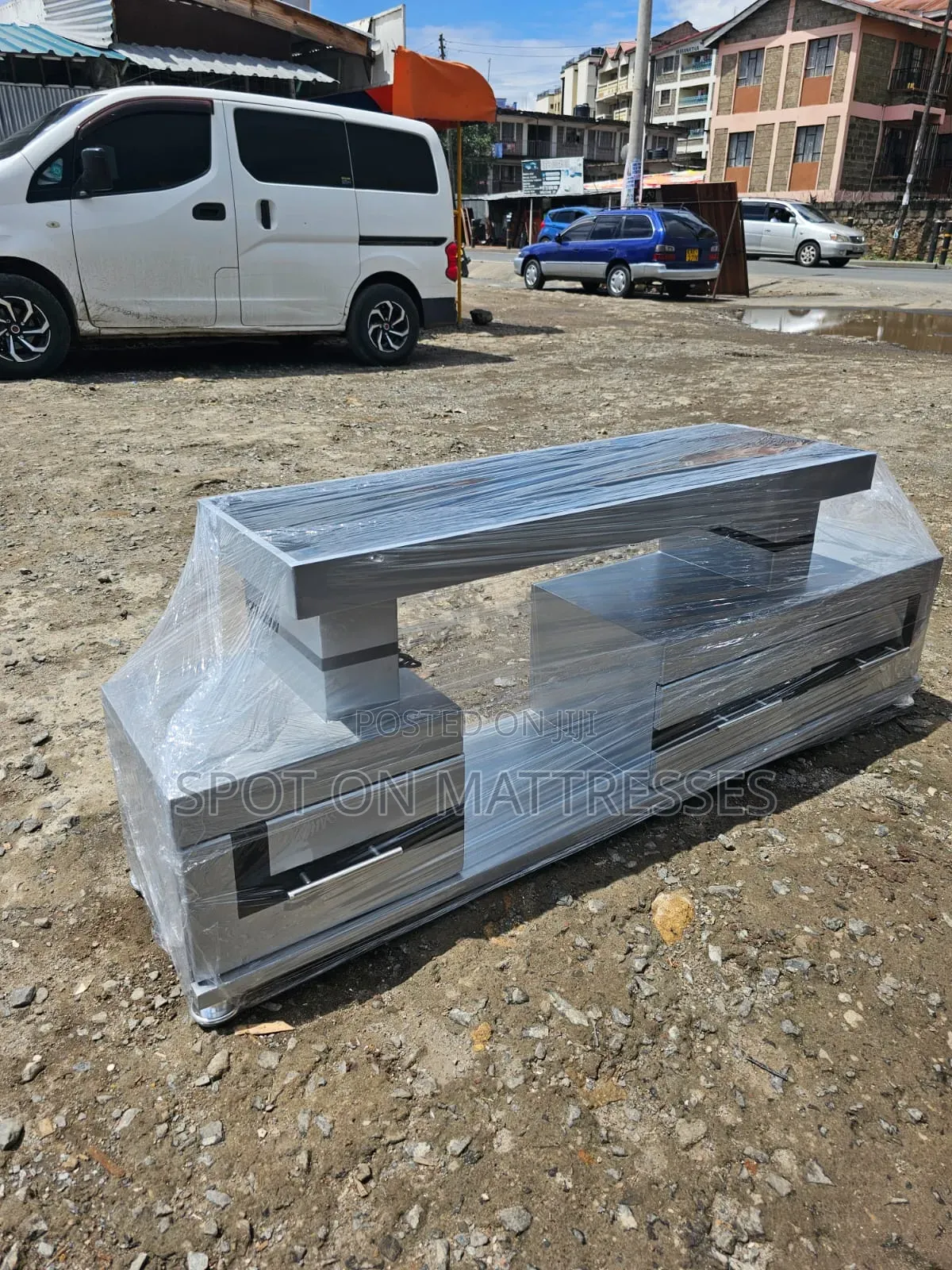 Grey-Coloured Tv Stand With 3 Drawers and Led Lights + Free Delivery.