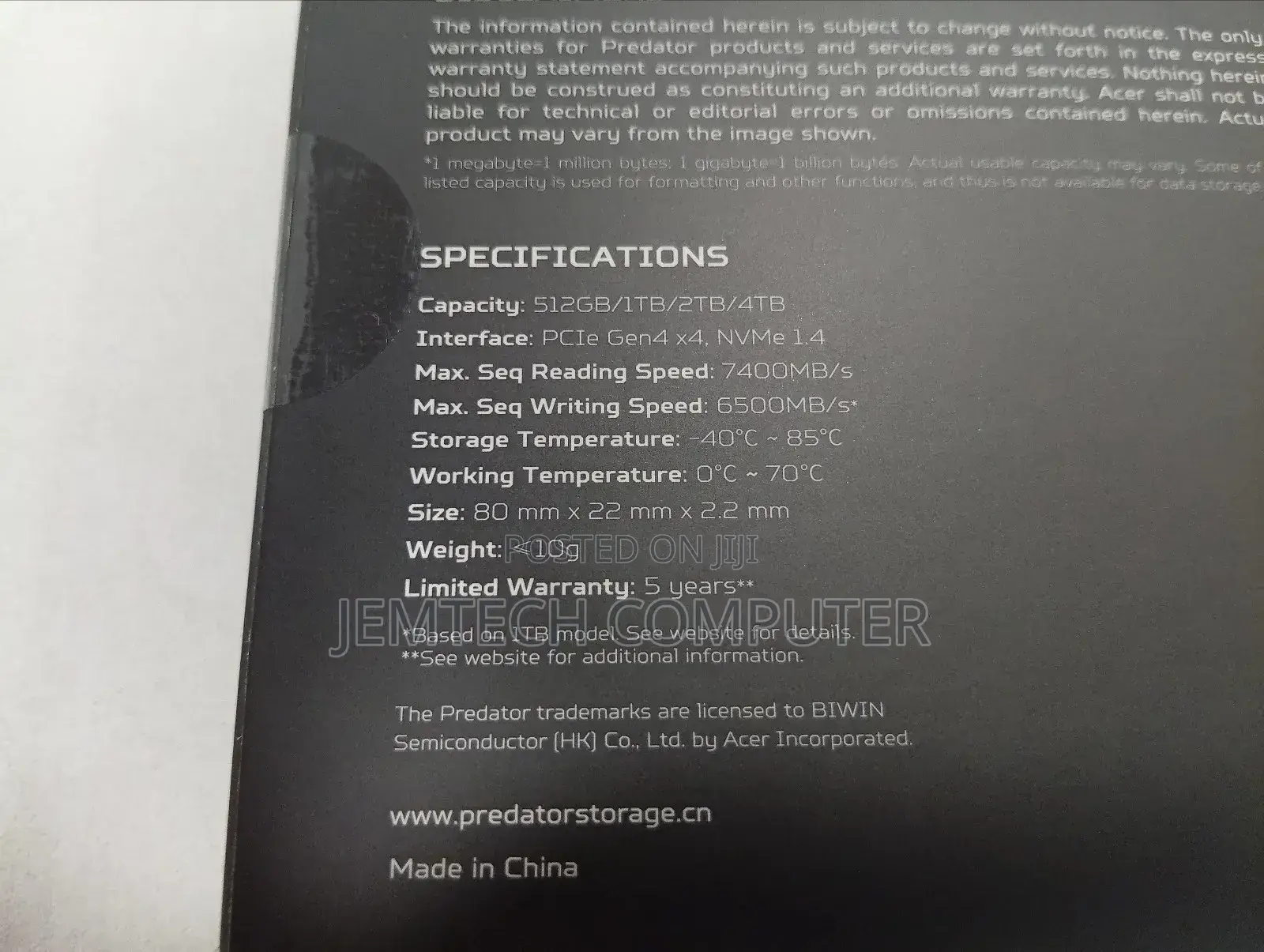 Acer Predator Gm7 Internal SSD M.2 Pcie Gen 4*4 Nvme 2280 - 4tb