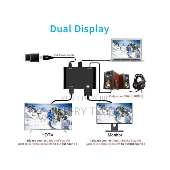 Vga to Hdmi Vga Splitter With 3.5mm Converter Adapter - Dual Display