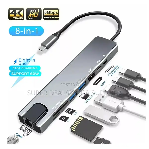 8 in 1 Usb C Hub Adapter Ultra Hd Hdmi Rj45 Pd and Memory Card Slot
