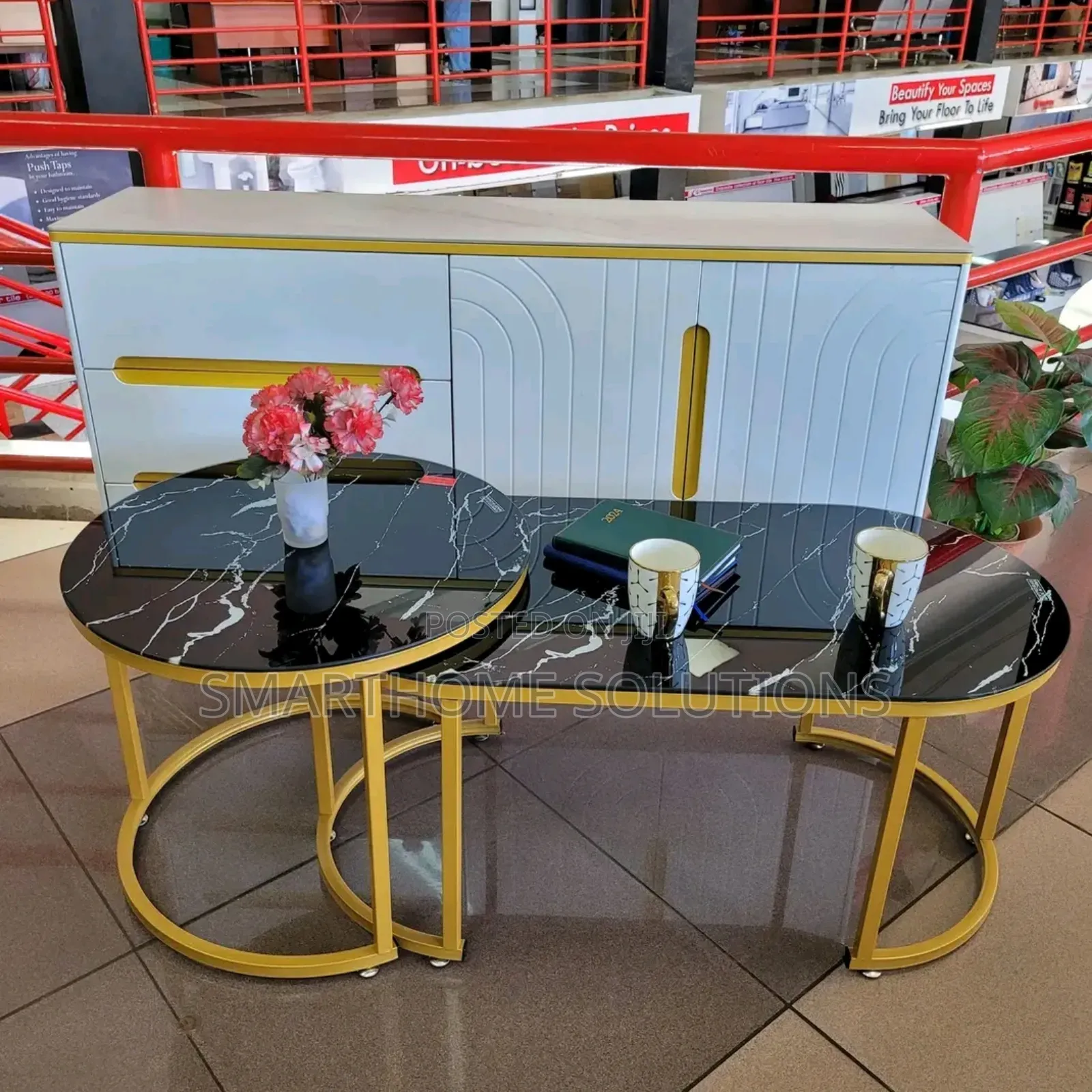Marble Nesting Coffee Table (Glass Effect) With Metal Stand,