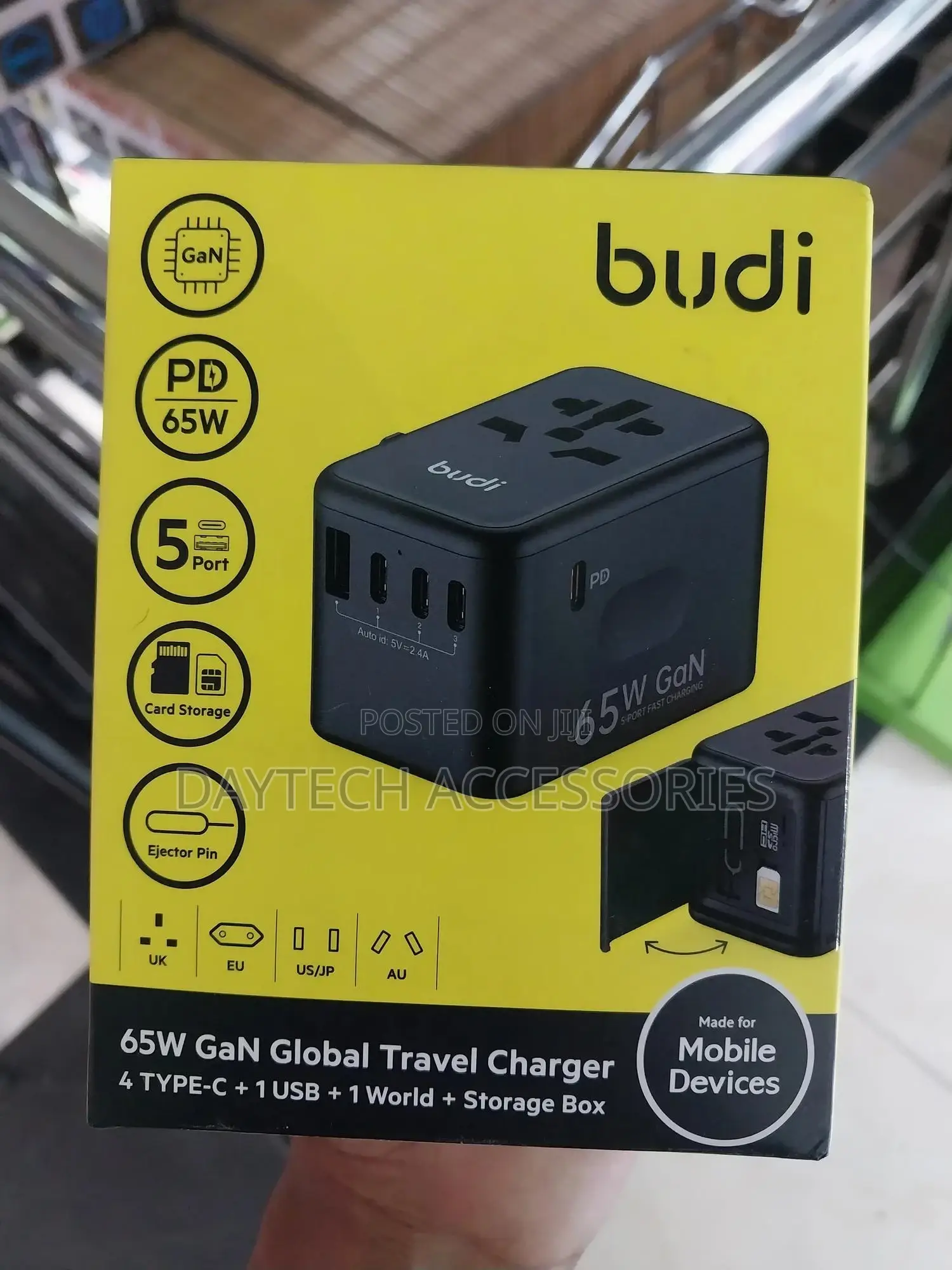 Budi Universal Travel Plug Adapter 65w With Microsd Card Holder.