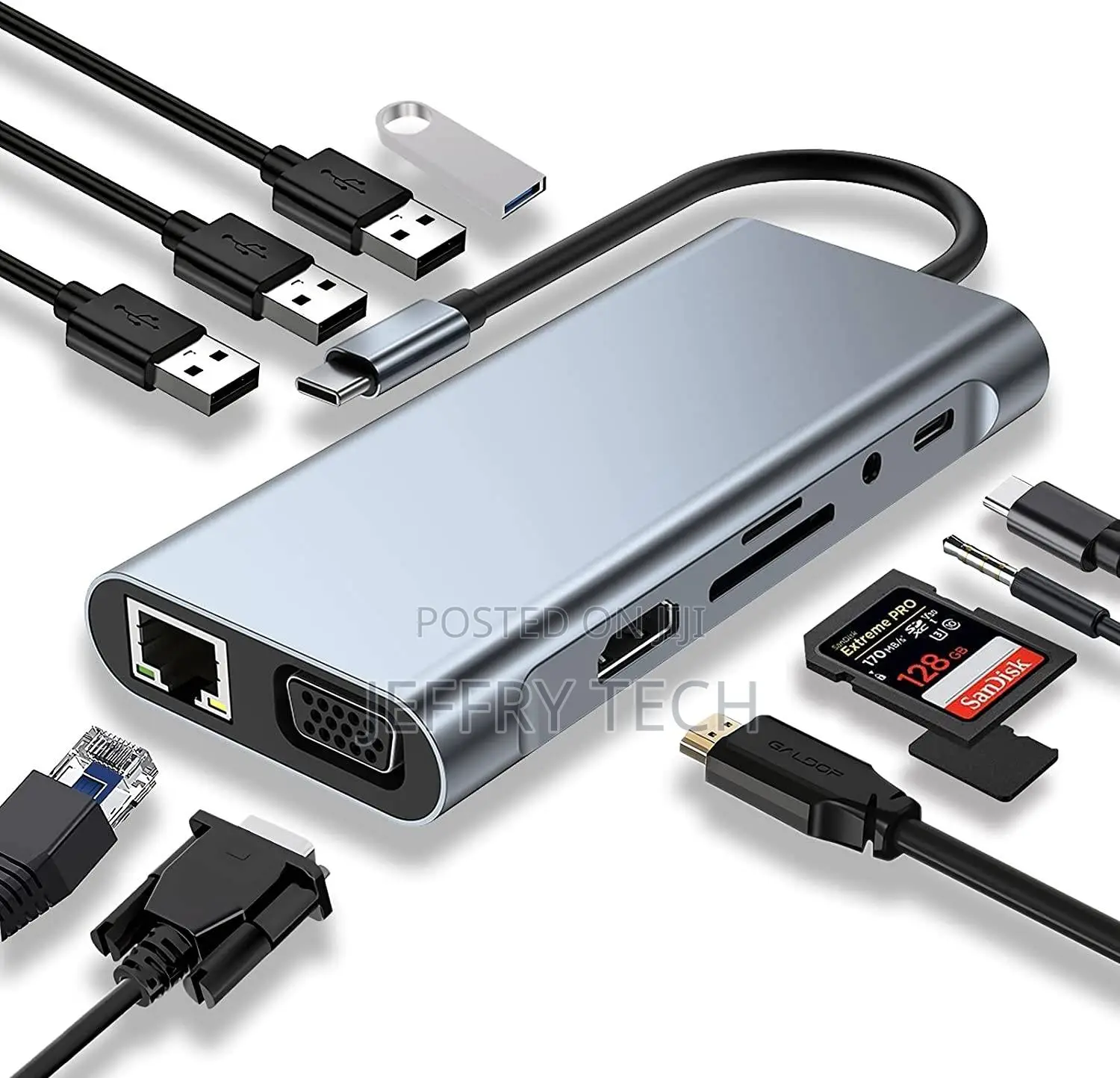 Type-C to Hdmi 11 in 1 Adapter, Lan + Type-C + Sd Card + Usb 3.0x4 + A