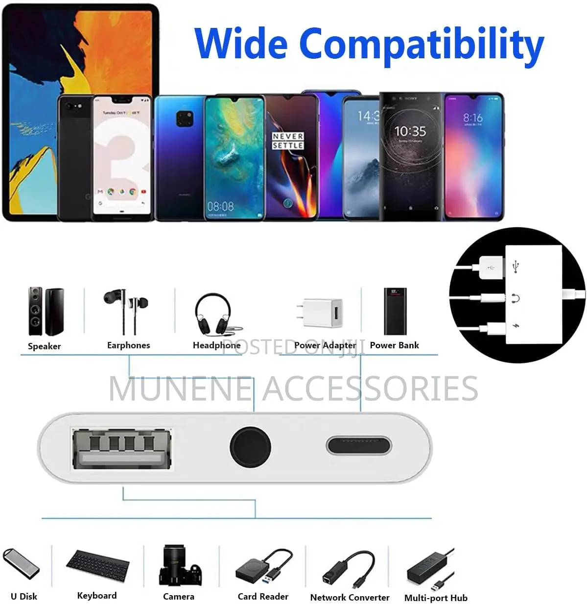 3-in-1 Usb C to Usb-a Otg Splitter With 3.5mm Audio Jack and Pd Fast