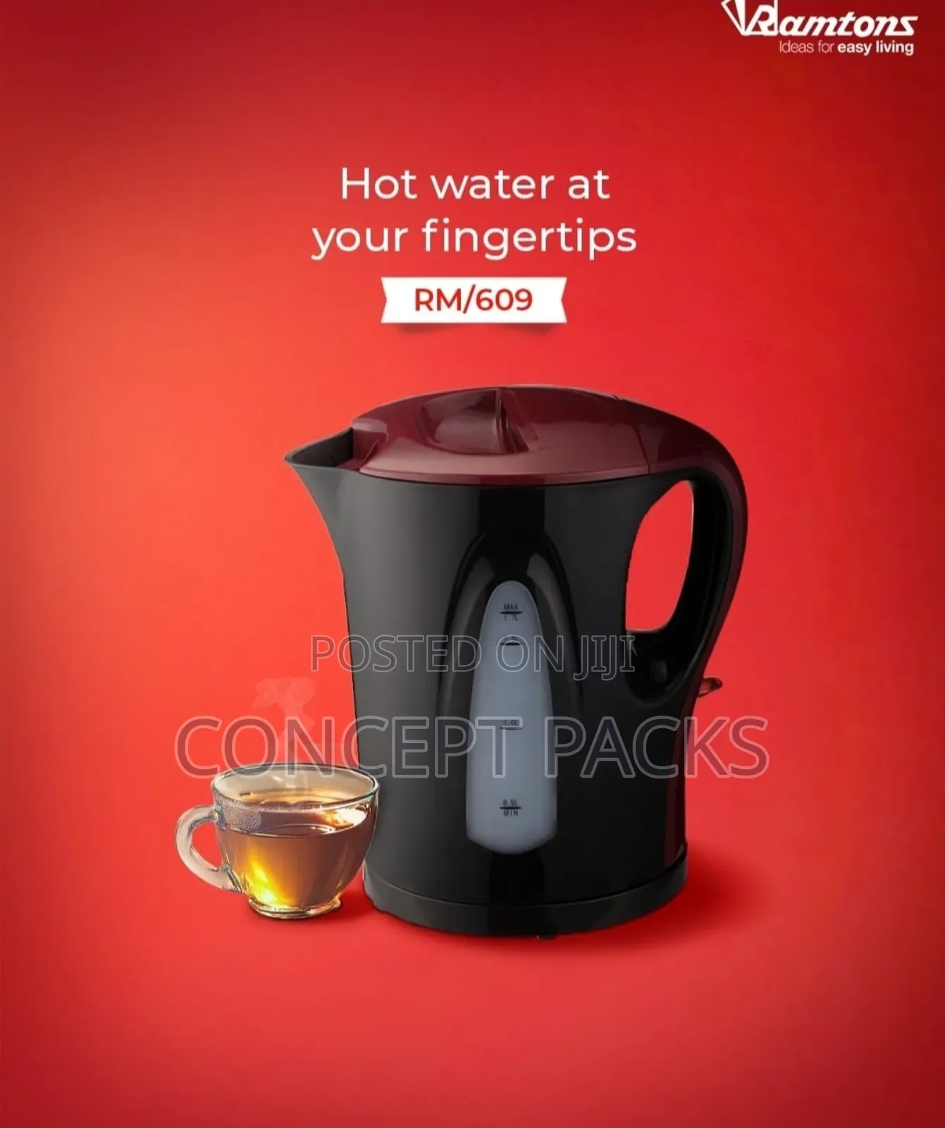 Ramtons Rm/609-Cordless Electric Kettle 1.7 Litres- Black Red