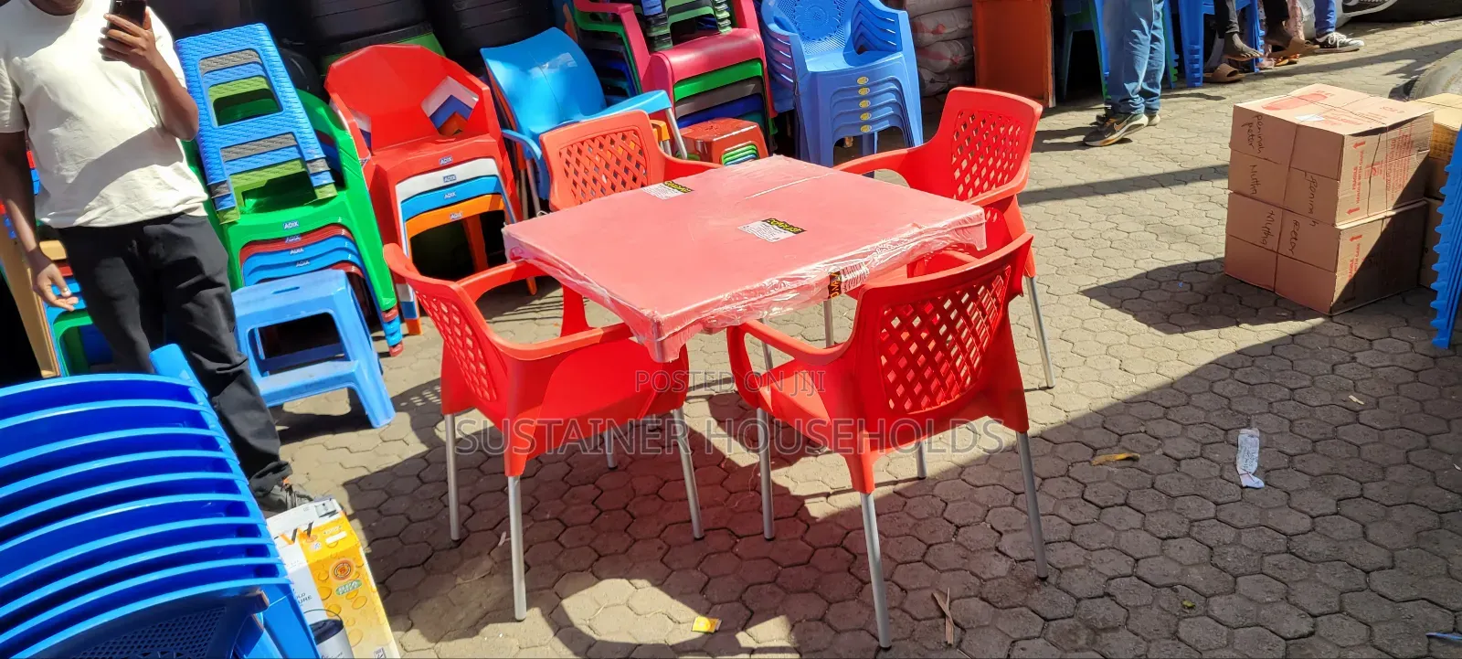 Red Square Plastic Table Together With 4 Plastic Chairs Set