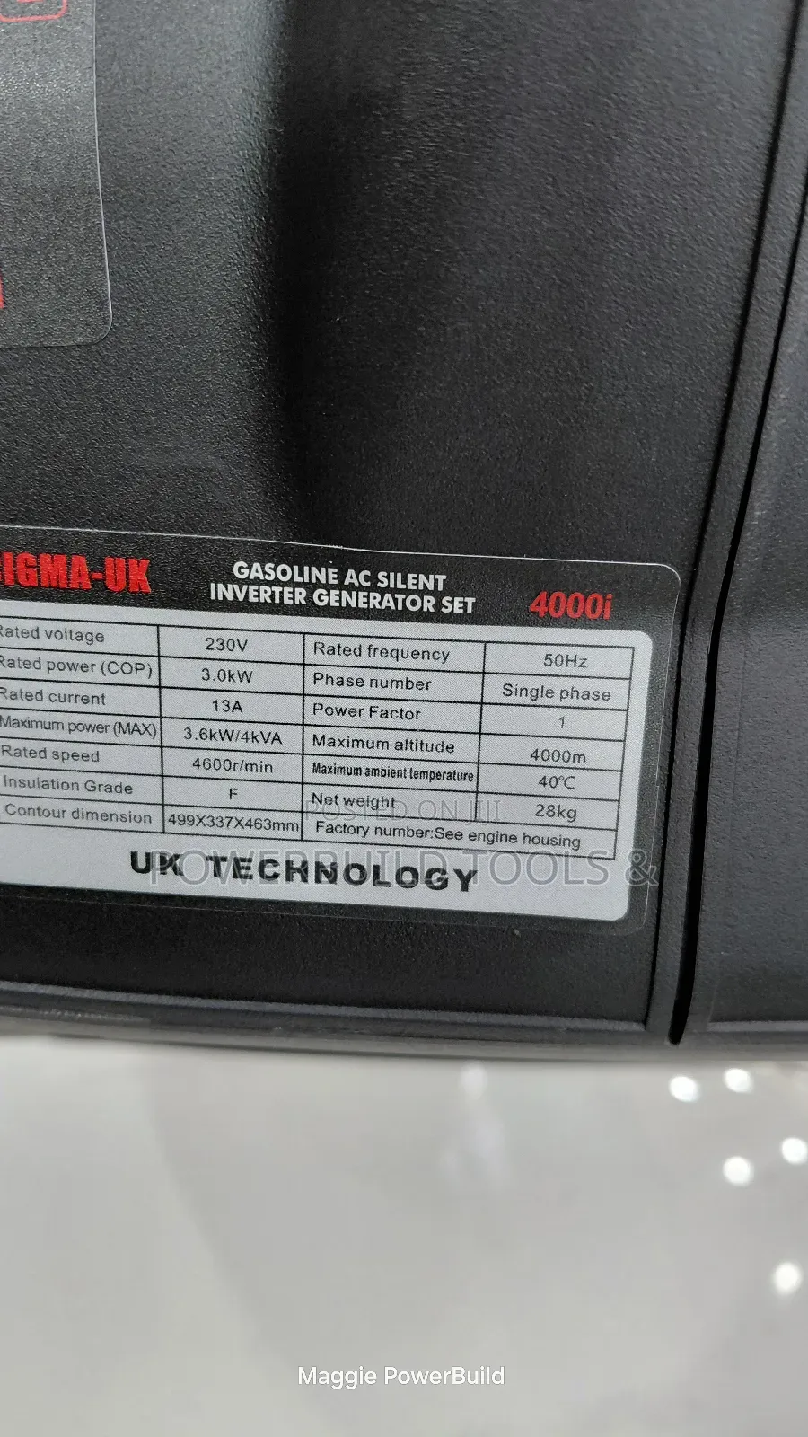 Portable Cigma Uk 4000i 3.6kw/4kva Inverter Generator.