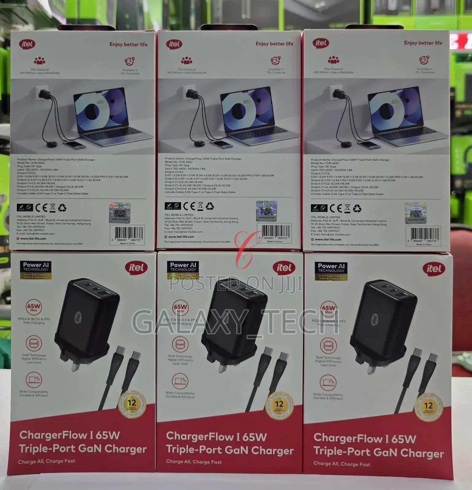 Itel 3 Port Gan Laptop//Phones Charger 65watts