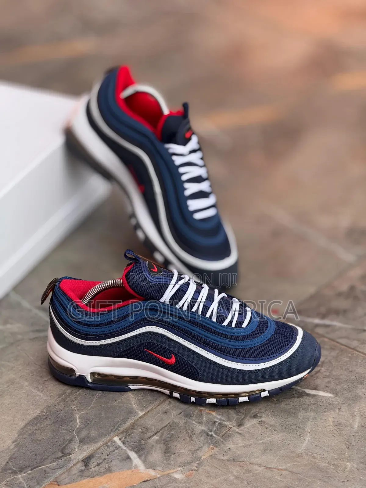 Pnike Air Max 97 Shoes In The "Midnight Navy Habanero Red" Colorway.