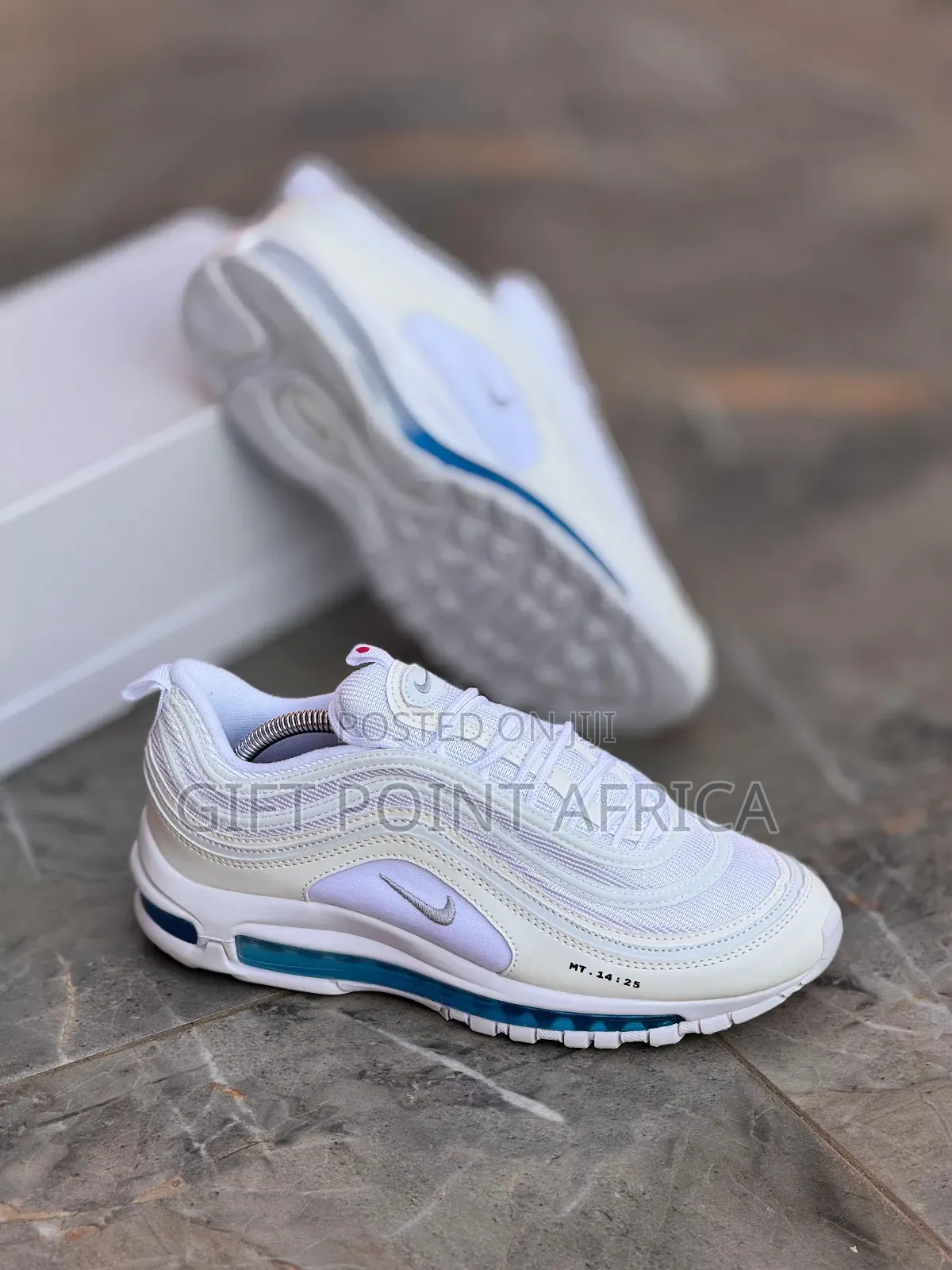 Pnike Air Max 97 Shoes In The "Midnight Navy Habanero Red" Colorway.
