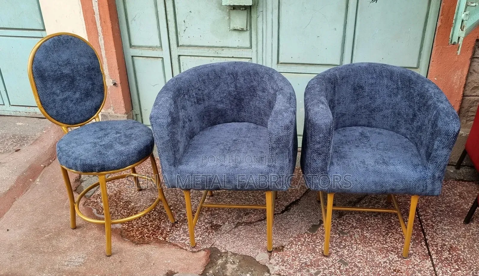 Manicure Set Blue Velvet Gold Frame Salon Chair.