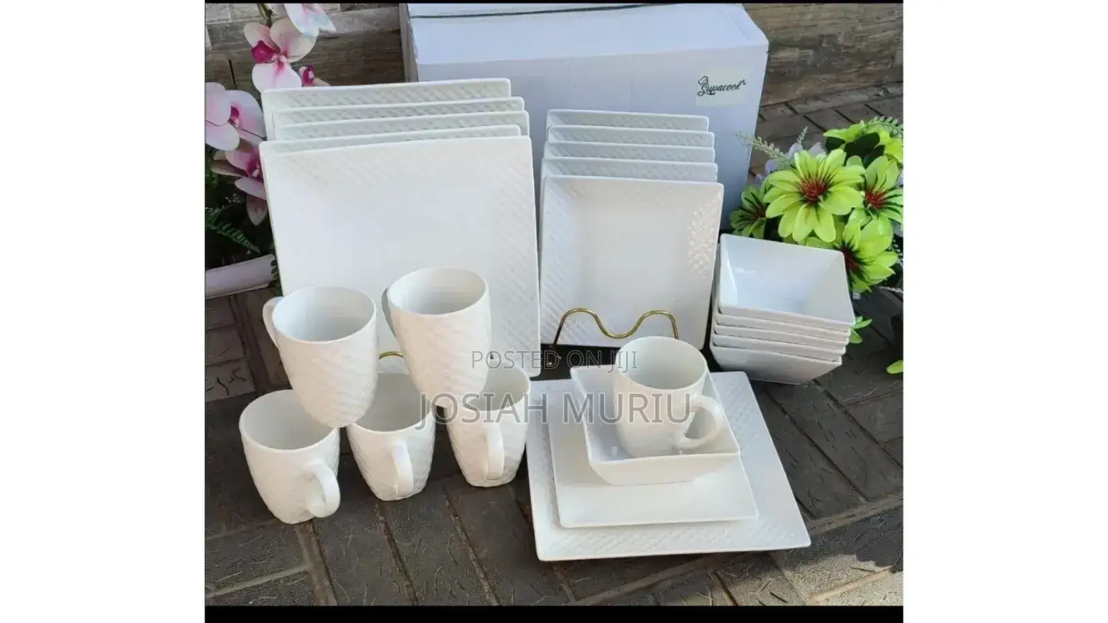 24 PCS Square Dinner Set,6 Cups,6 Plates ,6 Side Plates, 6 Bowls