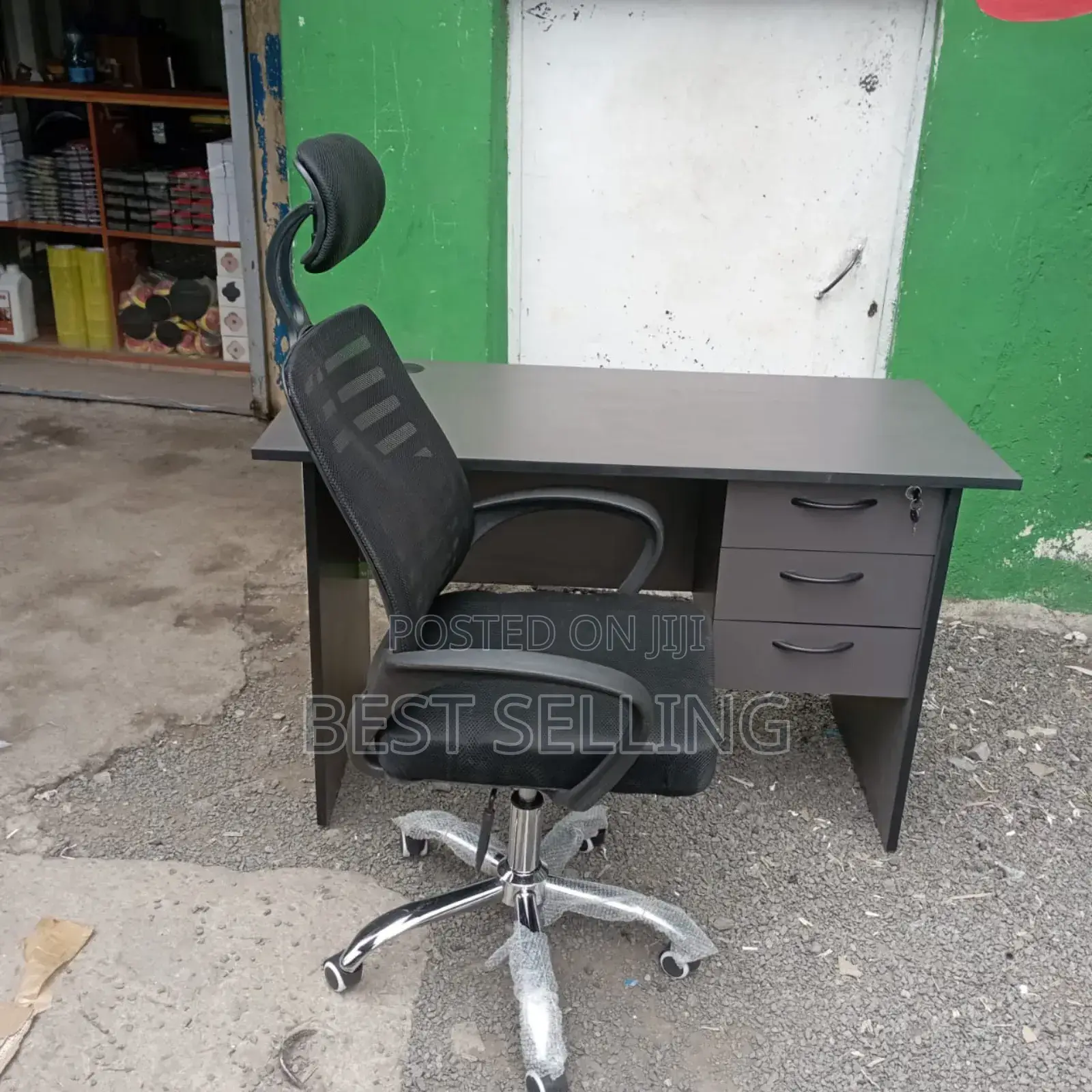 Dark Grey Office Desk and Headrest Chair