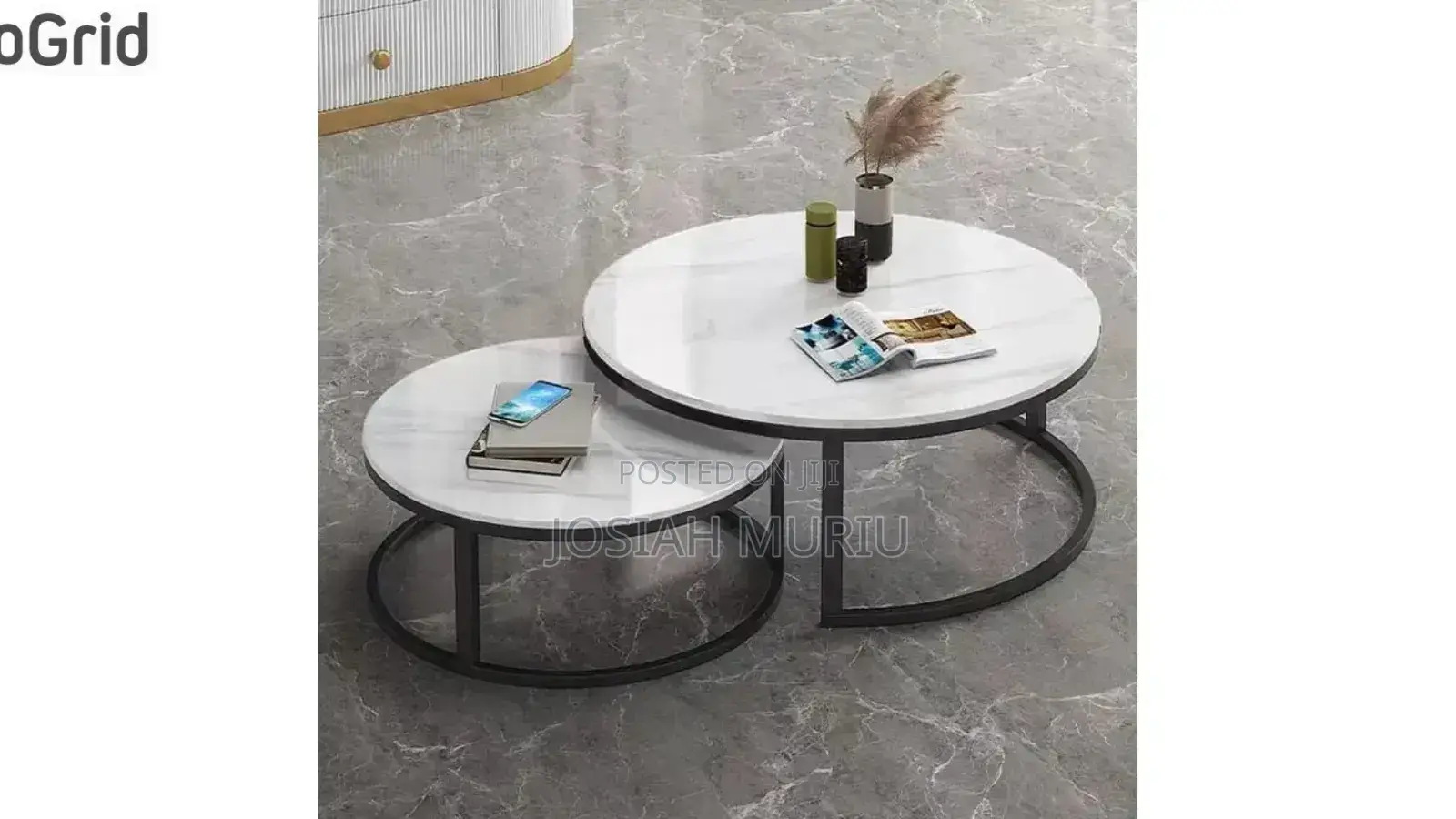 Luxury Pure Marble Top Nesting Coffee Tables With Black Stand.