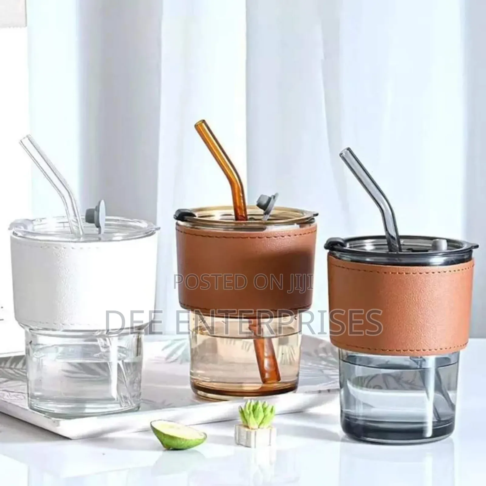 Slub Glass Smoothie Cup With Straw and Leather Cover