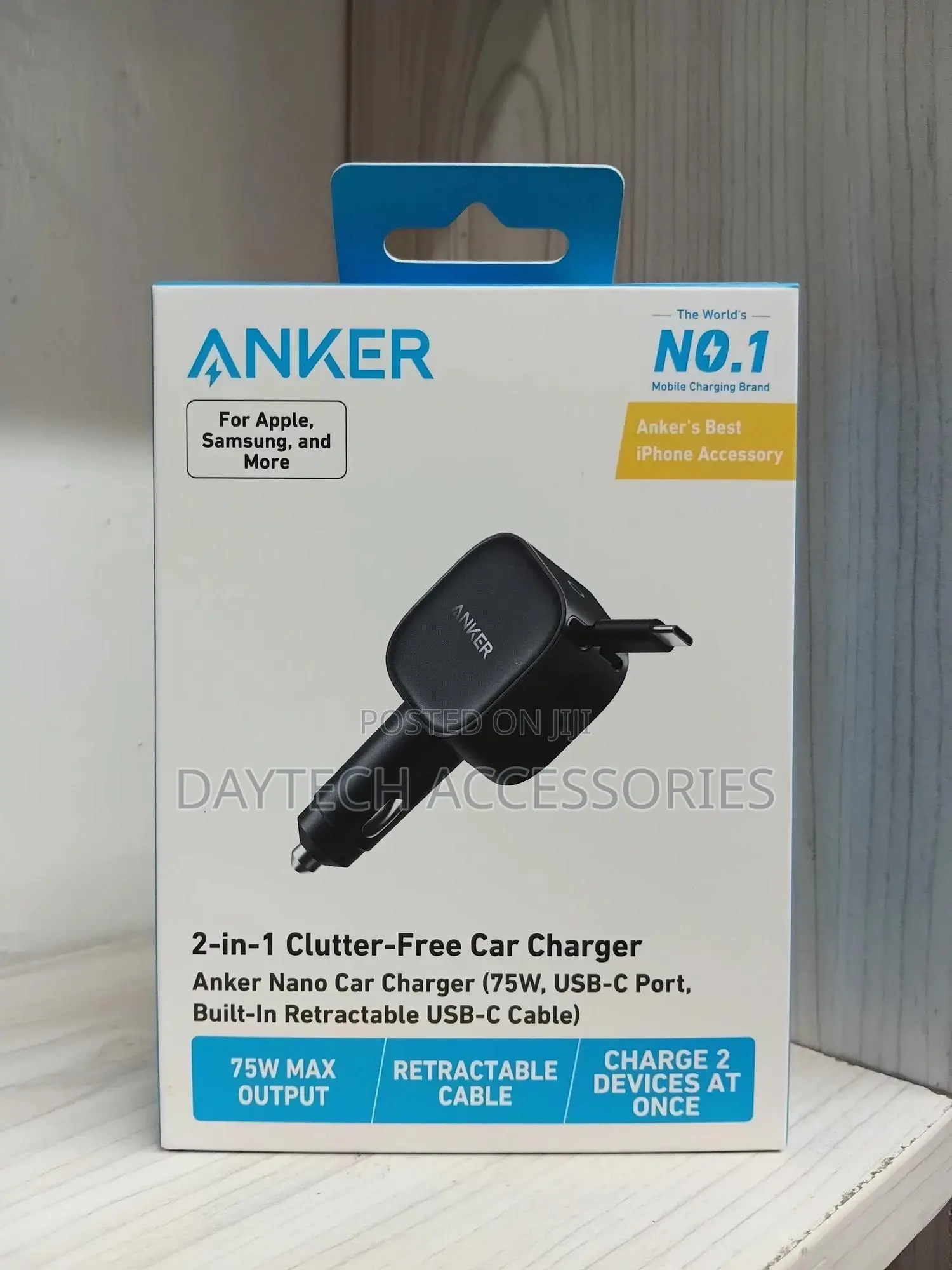 Anker Nano Car Charger 75w Usb-C Port Built-in Retractable Usb-C Cable