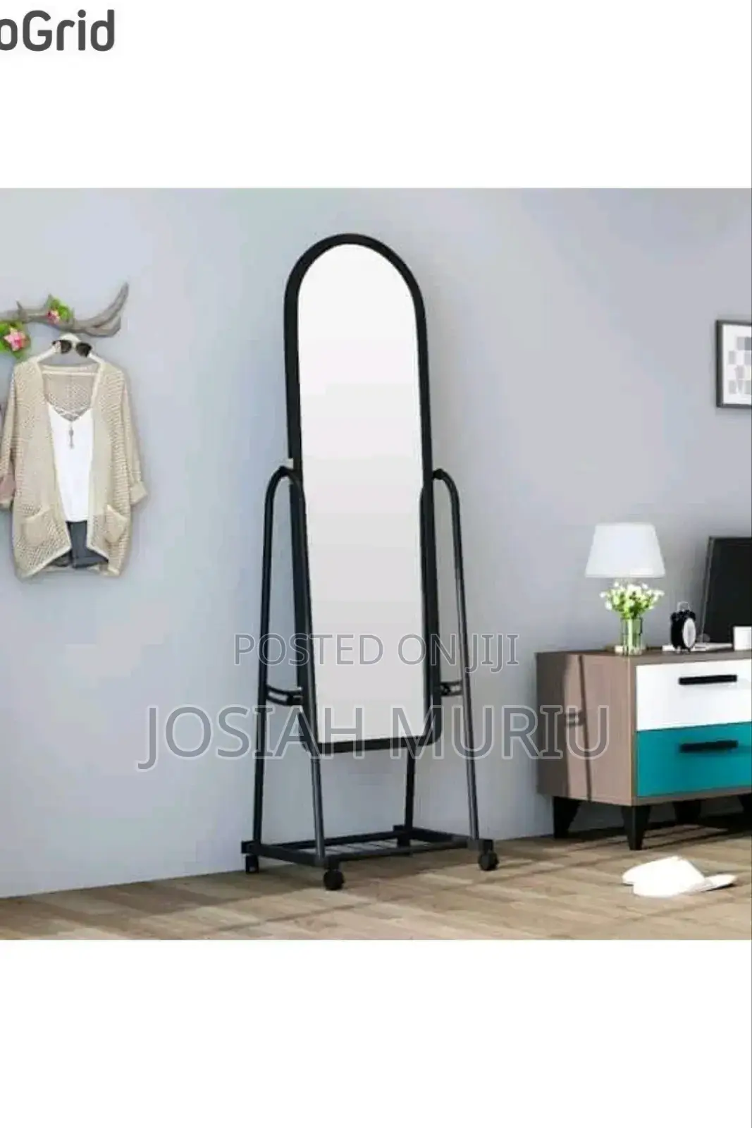Black Full Length Dressing Mirror With Wheels and Shoes Rack