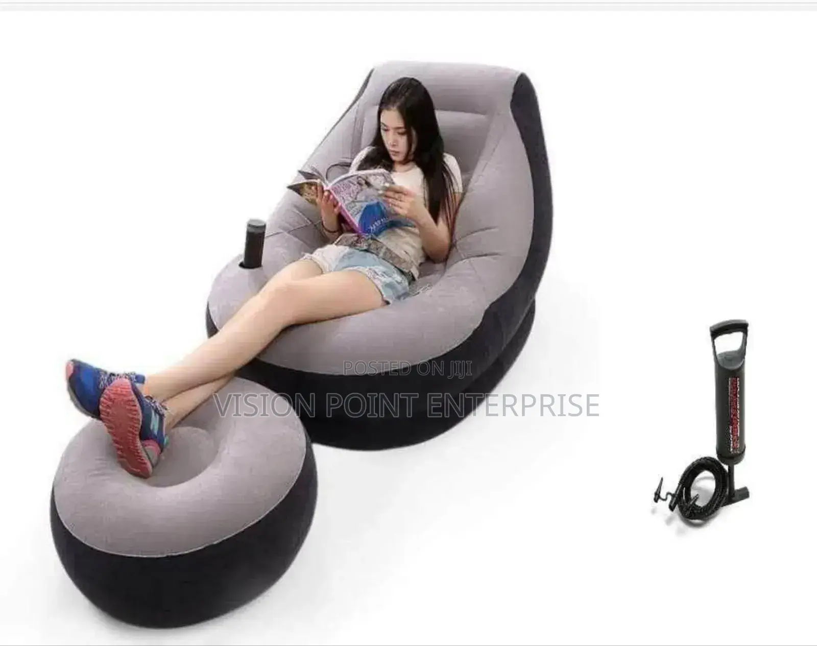 Inflatable Seat With Foot Rest and a Pump