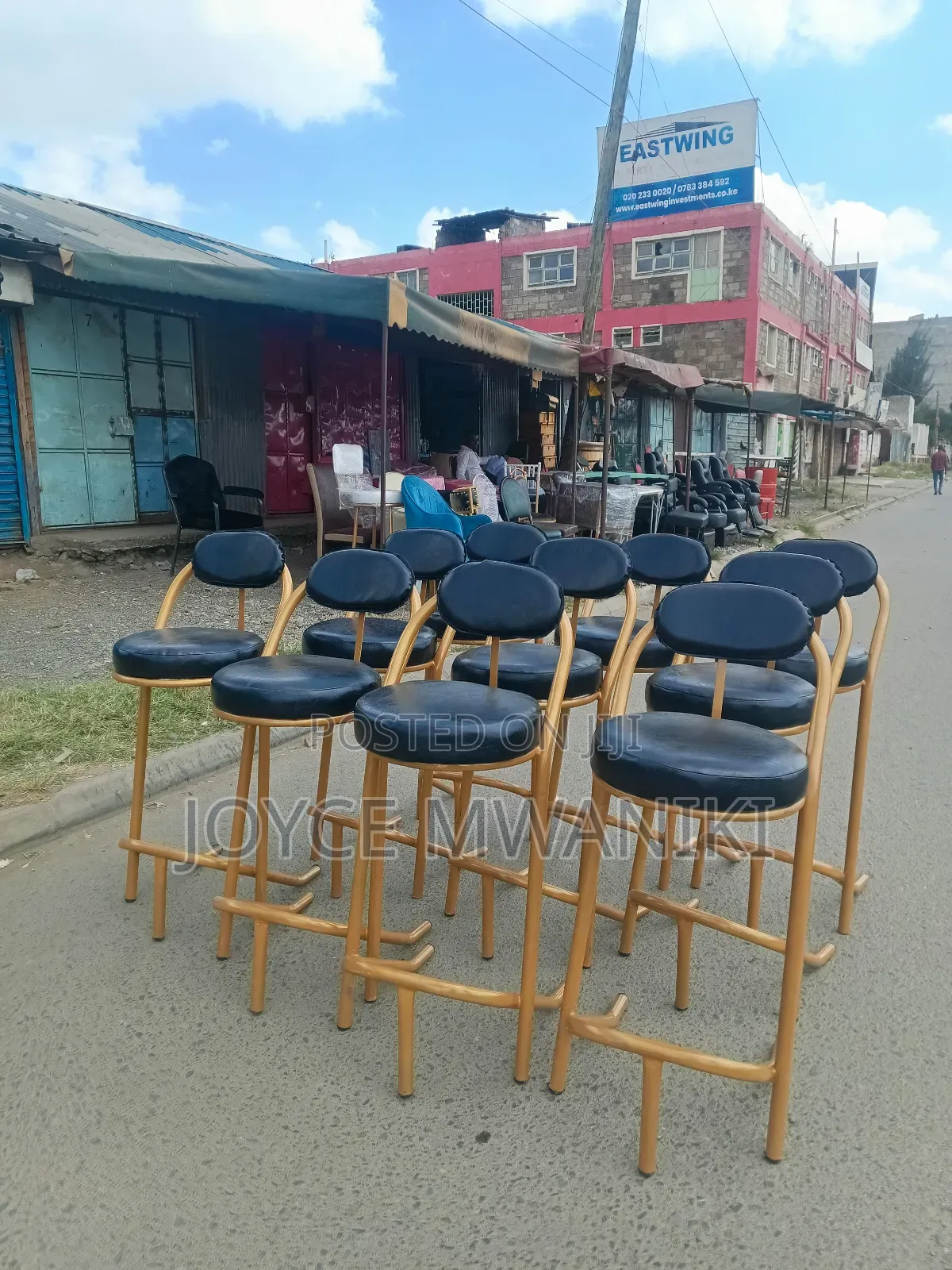 Gold Coated High Bar Chairs With Black Leather 