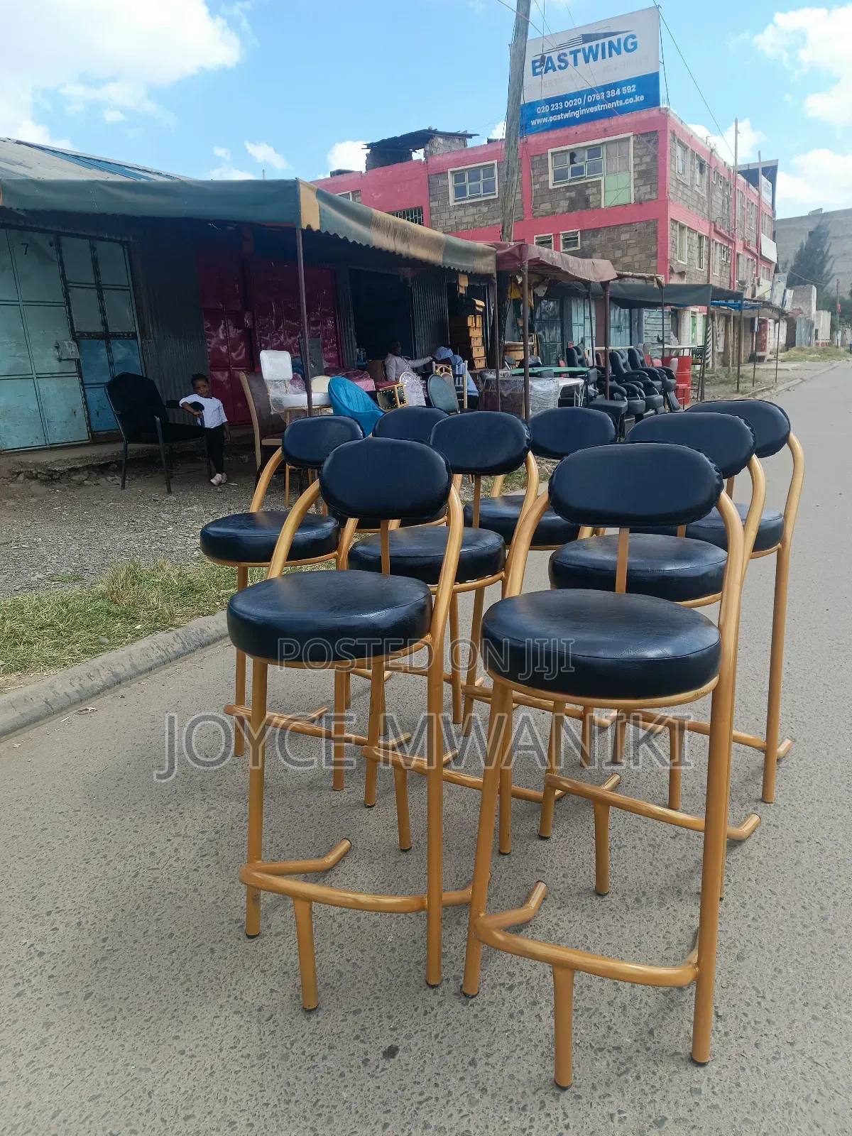 Gold Coated High Bar Chairs With Black Leather 