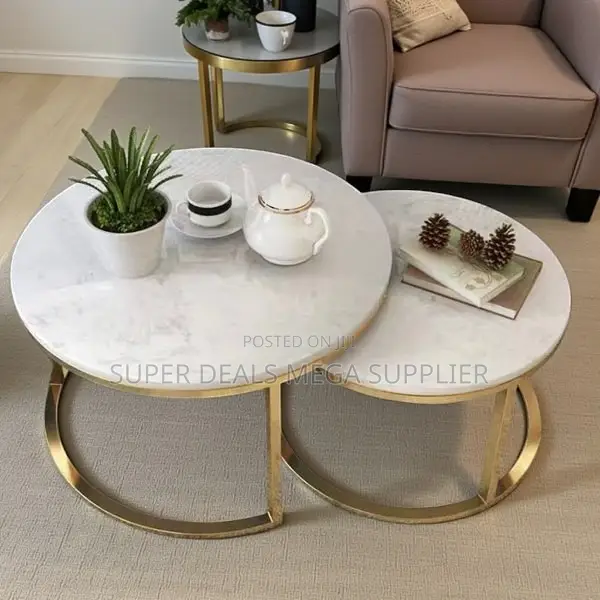 Chic Round Marble Nesting Tables for Living Room With Gold Base
