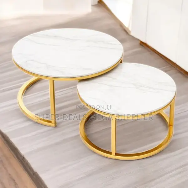 Stylish White Marble Nesting Coffee Tables With Gold Stand