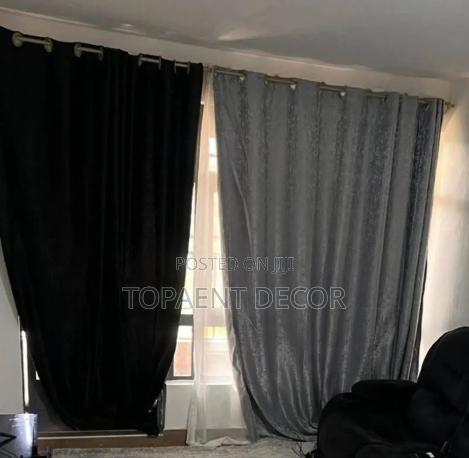 Black And Grey Quality Fabric Eyelates Living Room Window Curtains