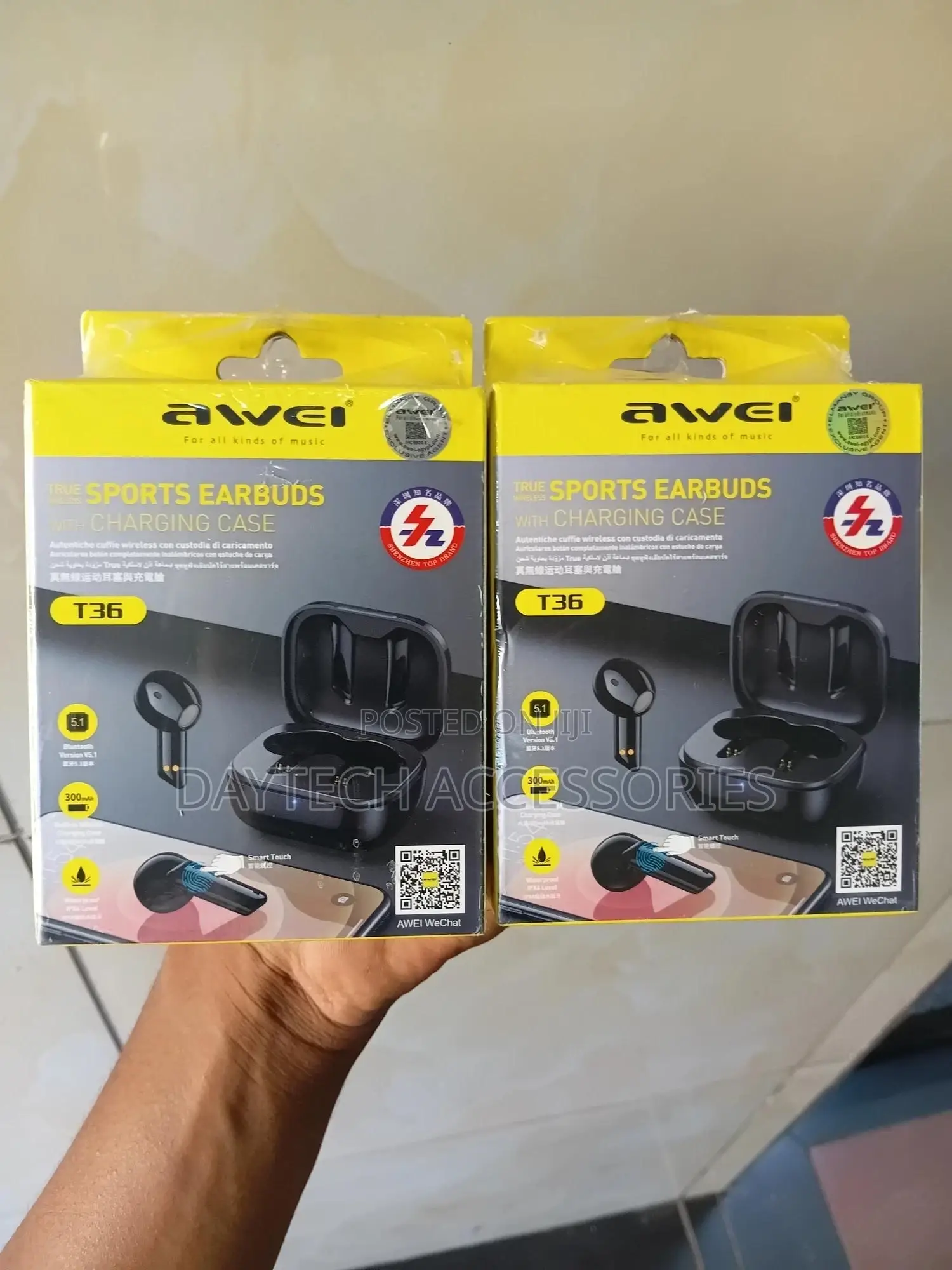 The Awei T36 True Wireless Sports Earbuds in Black.