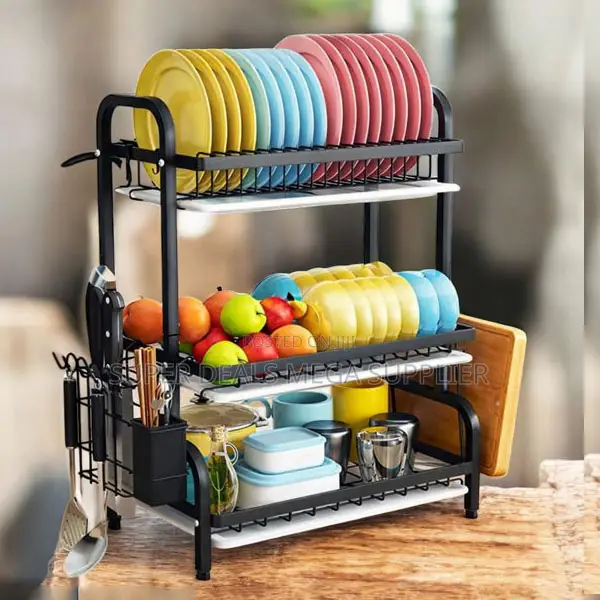 Home Kitchen 3 Tier Dish Rack With Knife Holder and Drain Board