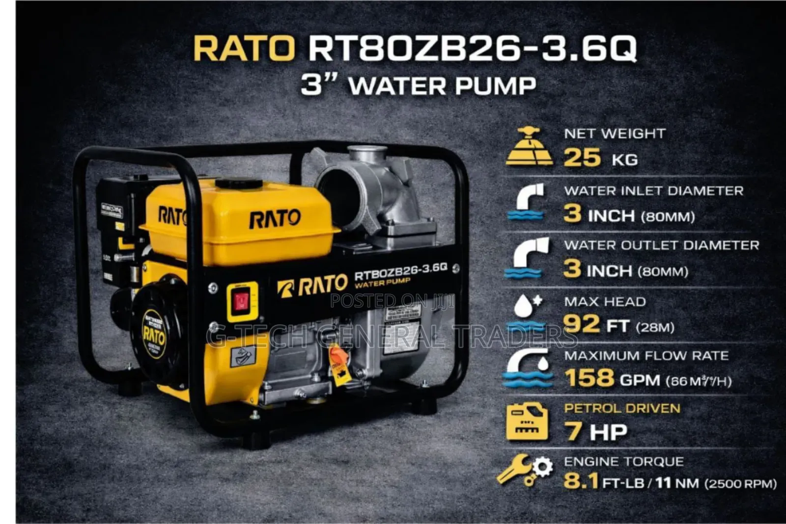 Rato 7hp 3inch Heavy Duty Commercial Petrol Driven Water Pump