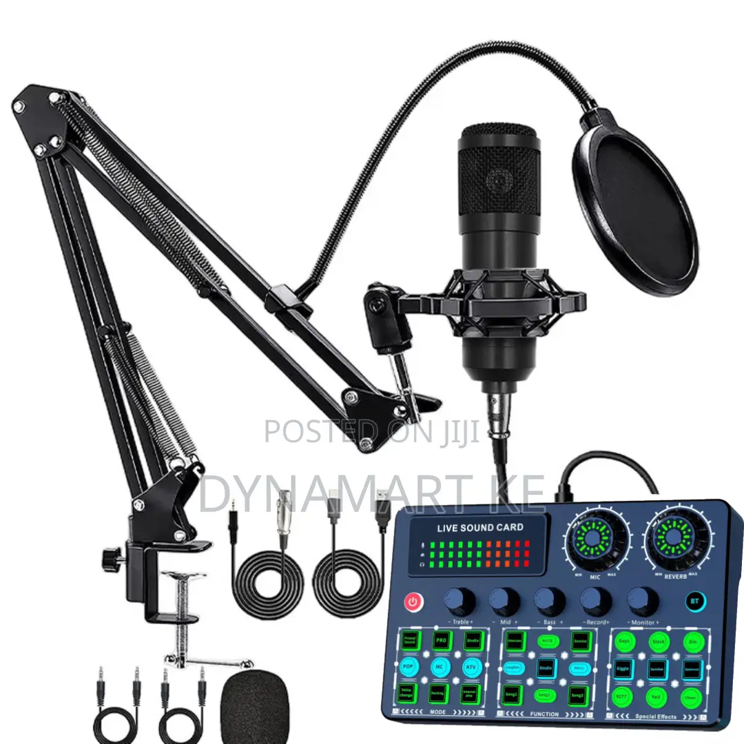 Bm800 Condenser Microphone With Metallic Stand + V99 Live Sound Card