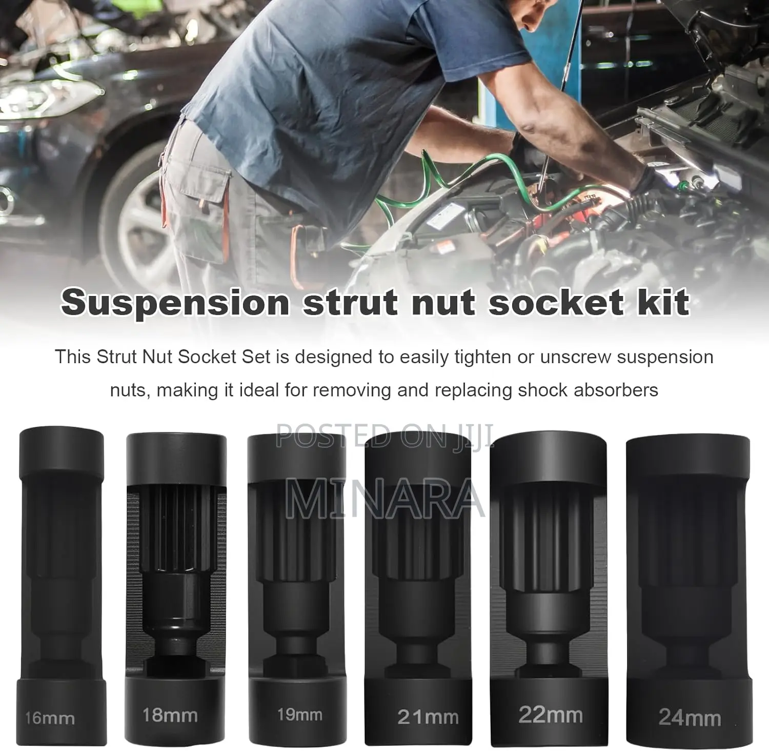 6 Pcs,Shock Absorber Strut Nut Removal Tool, 1⁄2” Suspension Sockets