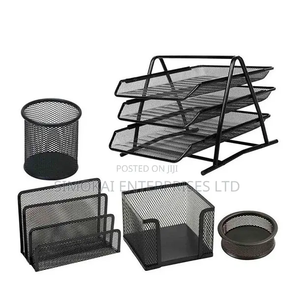 Mesh Stationery -5 Pc Set – 3 Tier Tray, Shelf, Memo Holder, Clip Cup