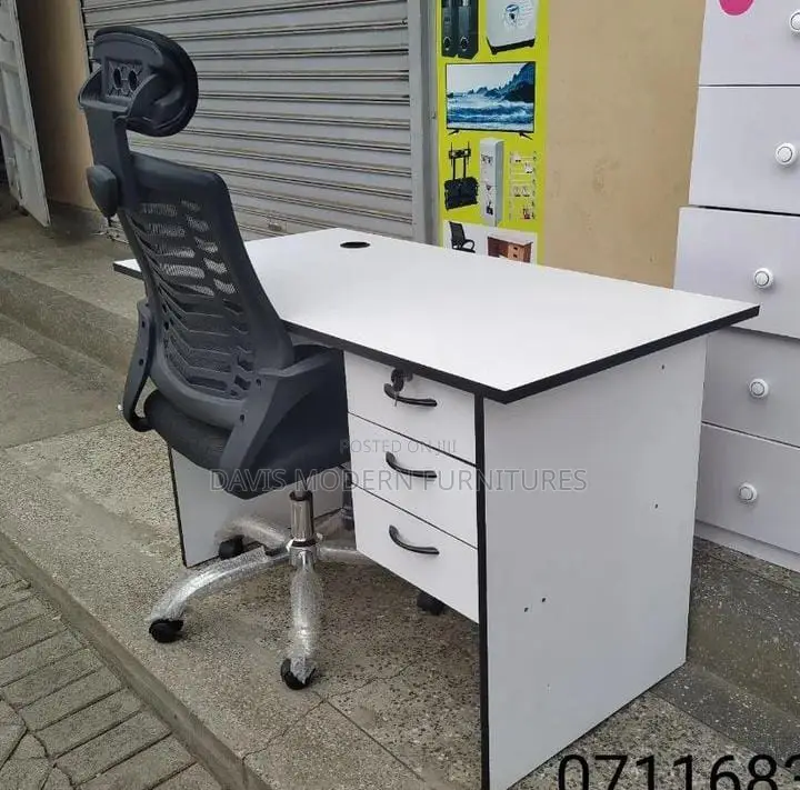 Ergonomic Office Desk With Three-Drawer Pedestal High-Back Chair