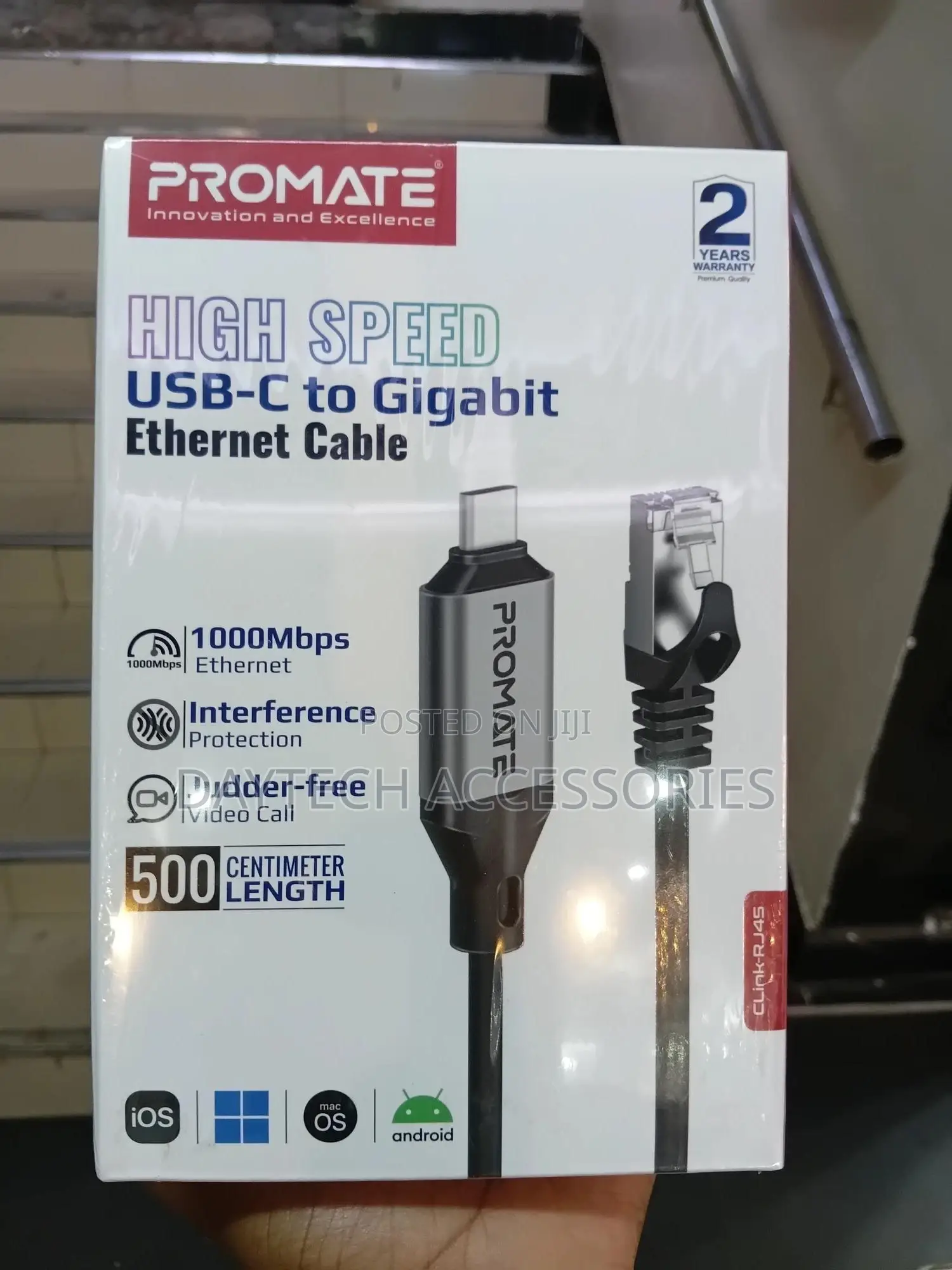 Promate Clink-Rj45 1gbps Usb-C to Rj45 Cable - 5m - Grey