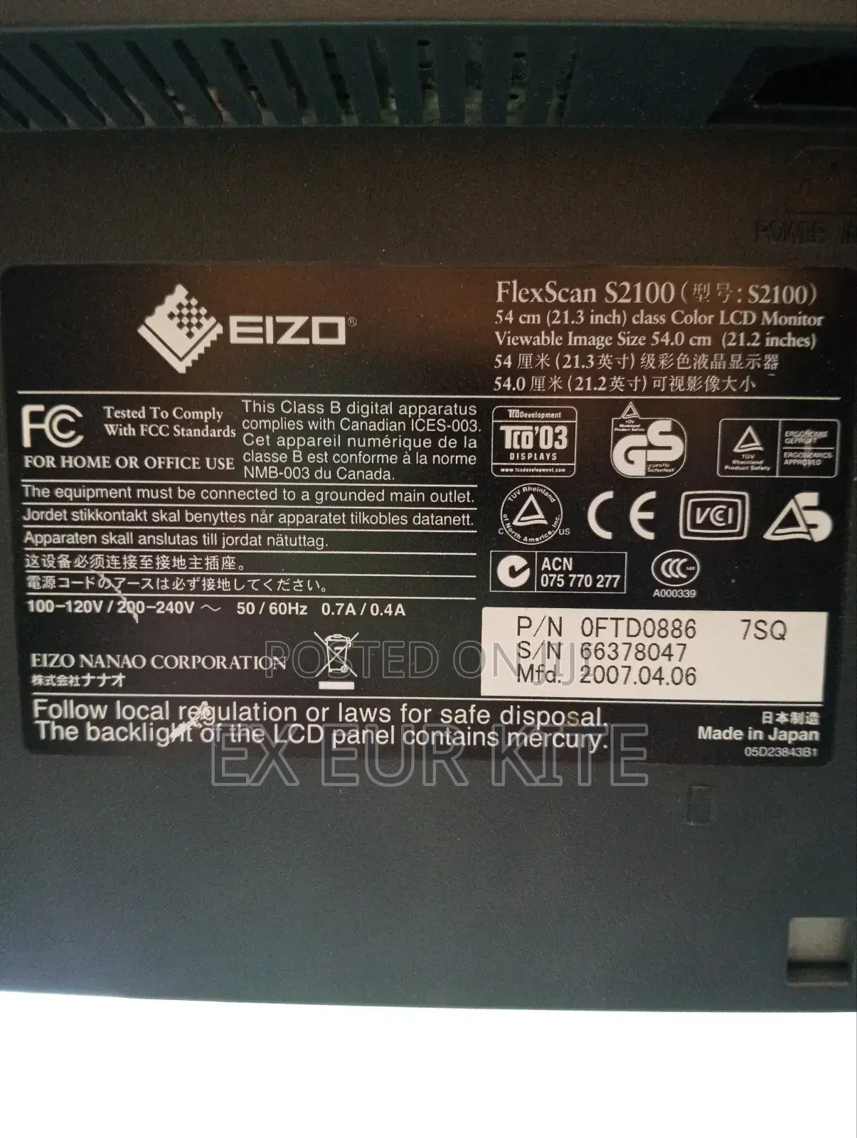 Eizo Flexscan S2100 Monitor 21.3 Inches